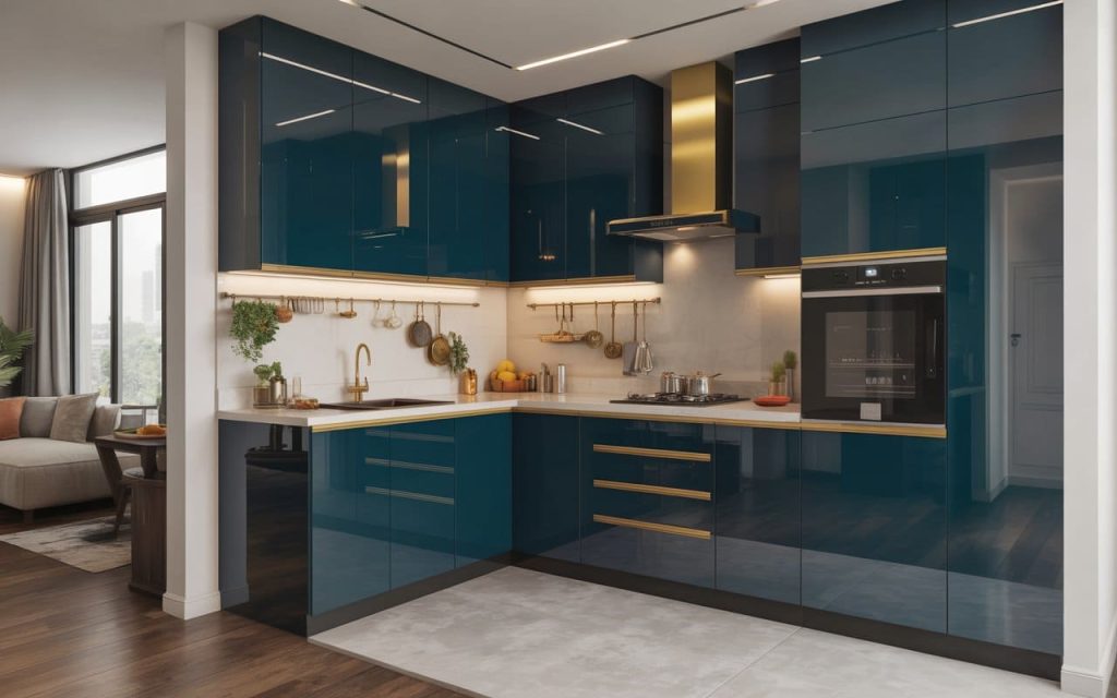 A premium simple low cost kitchen design with glossy teal cabinets and gold handles.