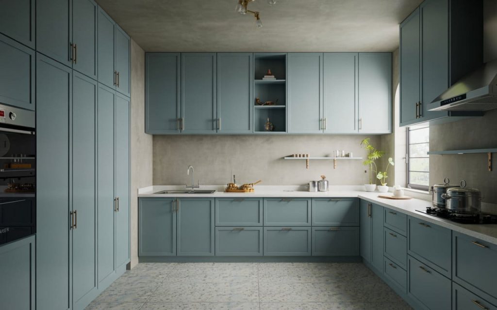 A modern small house low cost simple kitchen design featuring floor-to-ceiling blue cabinetry.