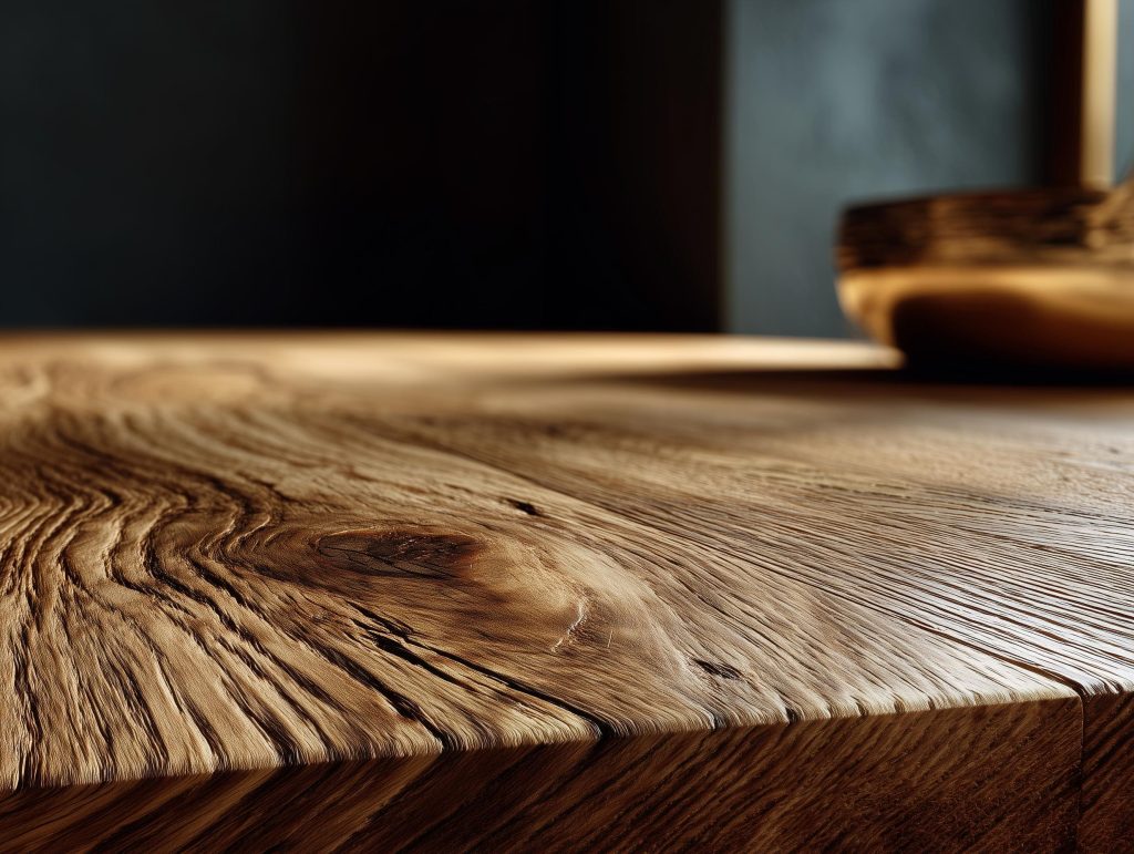  Extreme close up of a thick wooden tabletop showing deep grooves enhanced by a natural wood polish.