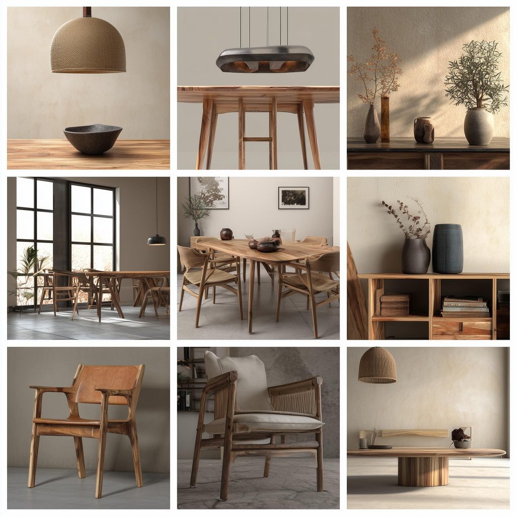  A large live-edge coffee table with a rich teak wood polish highlighting deep organic grains.