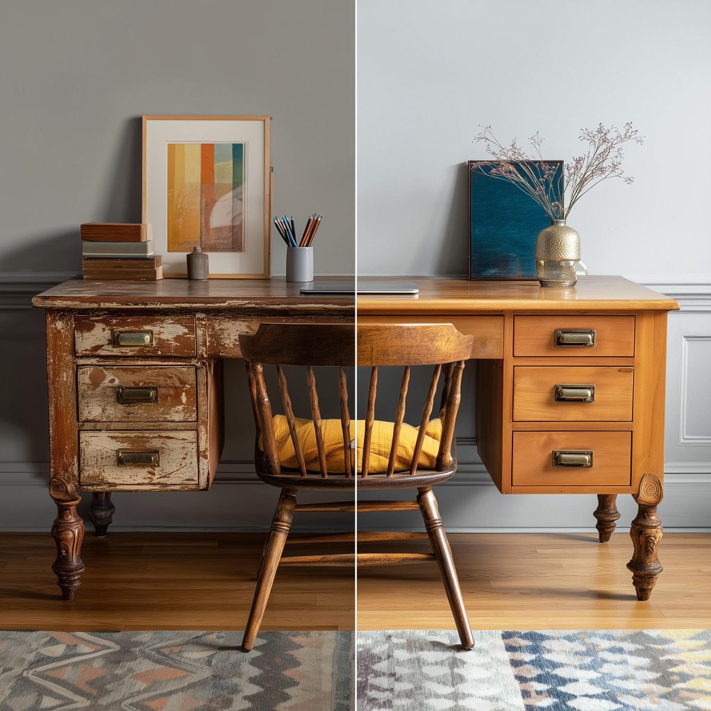 Comparison of a weathered desk and chair next to a restored version with a fresh wood polish.