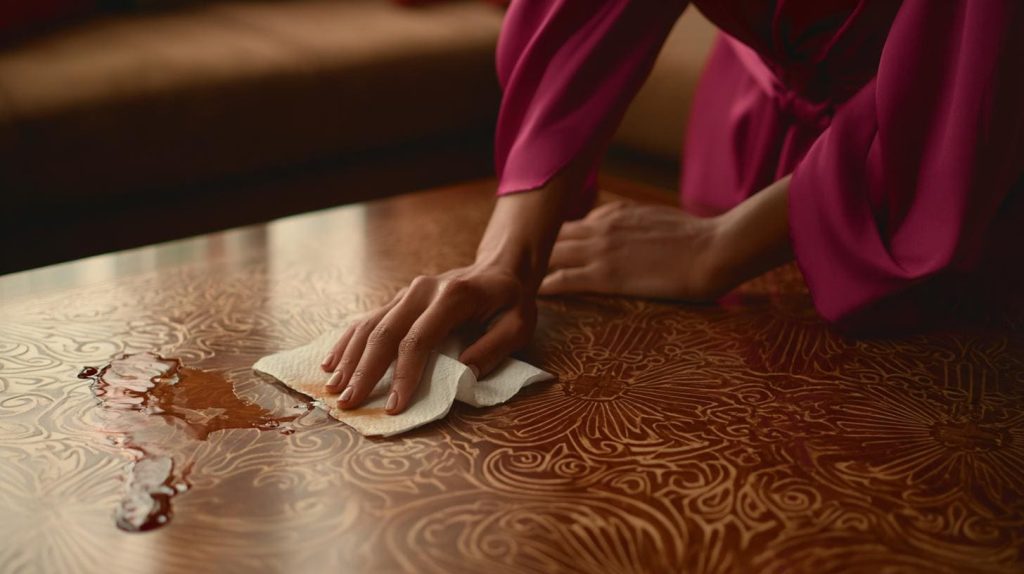 Cleaning a liquid spill on a decorative surface finished with a protective wood table polish.