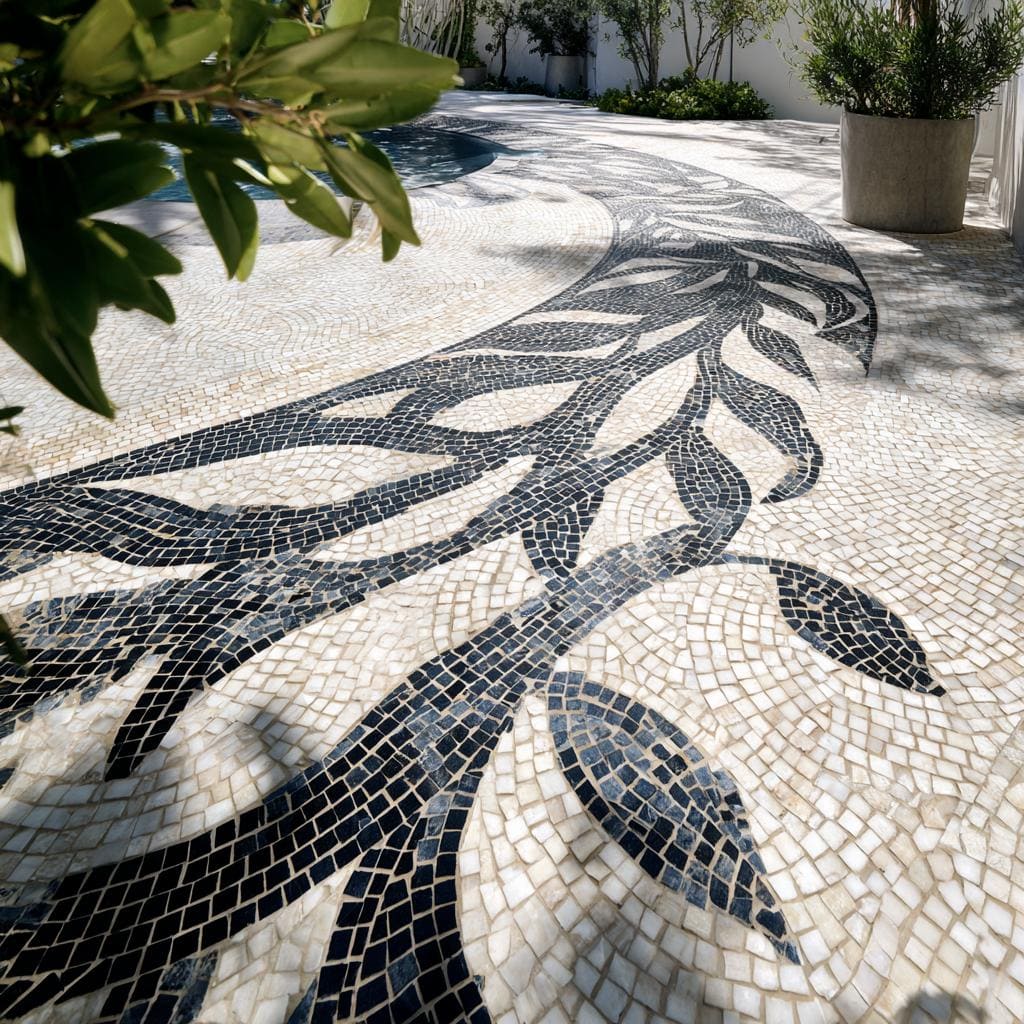 Outdoor courtyard featuring a large floral leaf motif crafted with cement mosaic flooring techniques.