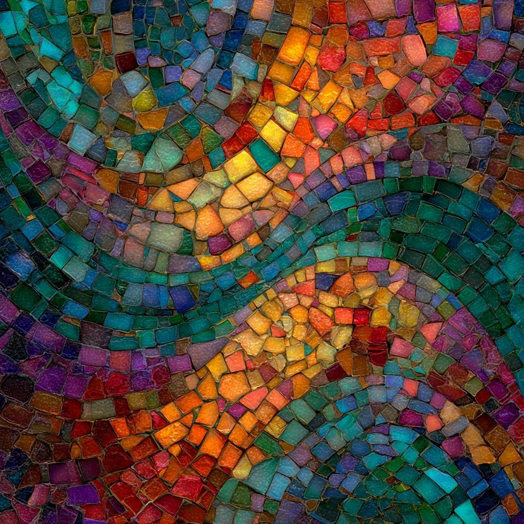 Vividly colored glass pieces arranged in a swirling mosaic floor design for a creative interior accent.