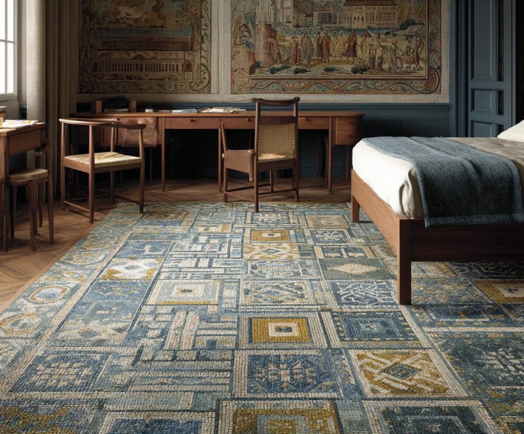 Bedroom featuring an expansive mosaic floor with intricate blue and gold geometric square patterns.