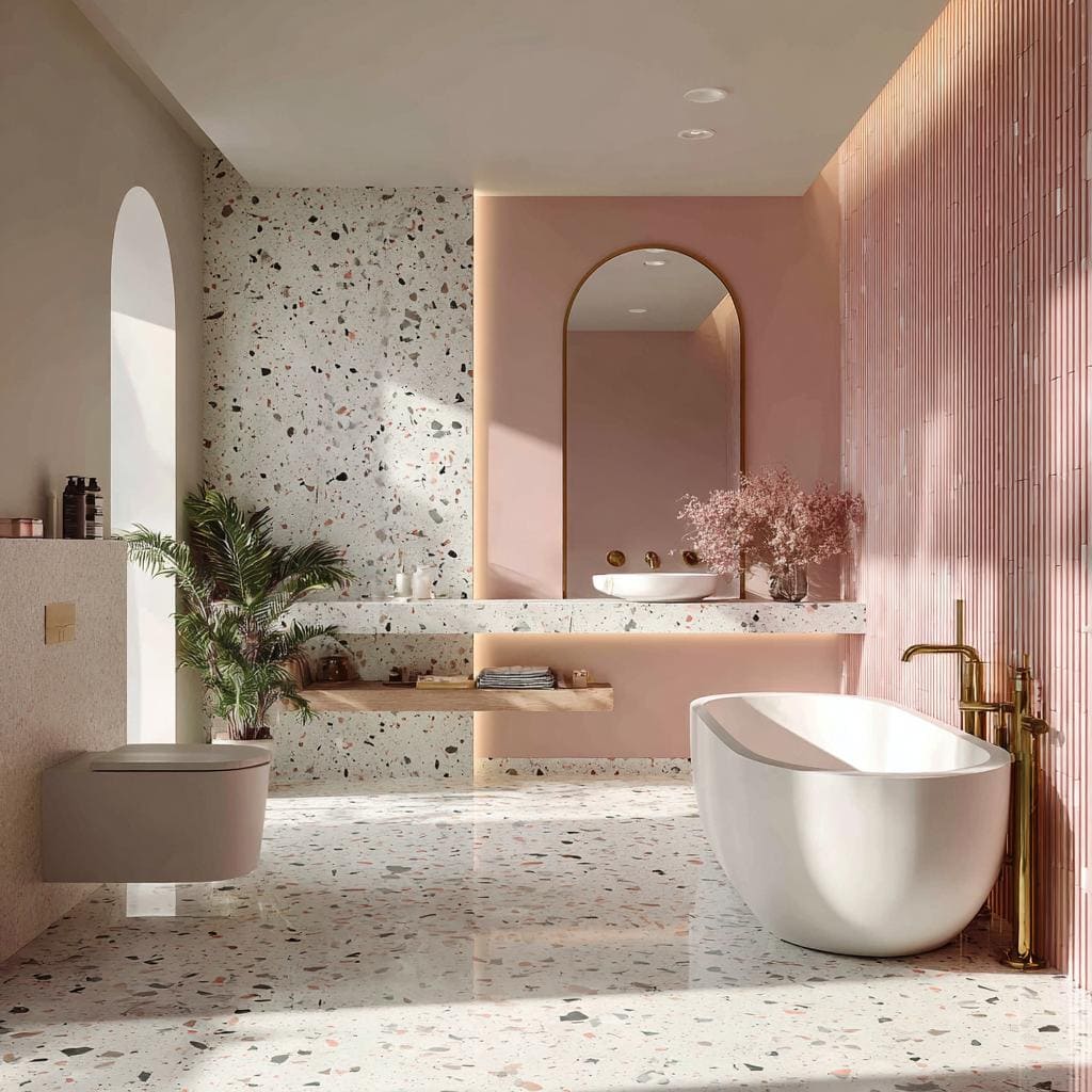 Bright bathroom with a free-standing tub and multi-colored speckled terrazzo floor and wall tiles.