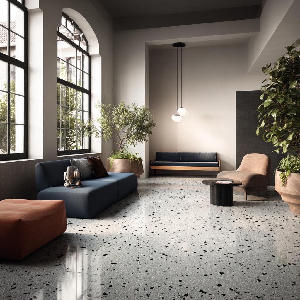 Spacious contemporary living room with polished terrazzo stone flooring and minimalist furniture.
