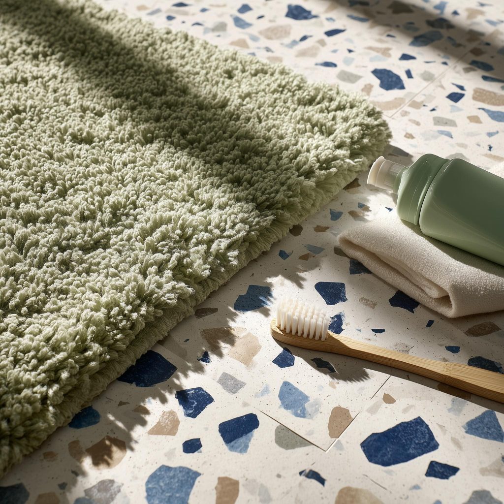 Modern bathroom setting with speckled terrazzo floor tiles paired with a soft green textured rug.