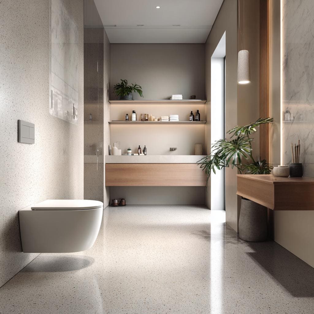 Minimalist bathroom design featuring uniform white terrazzo flooring and smooth, polished wall surfaces.