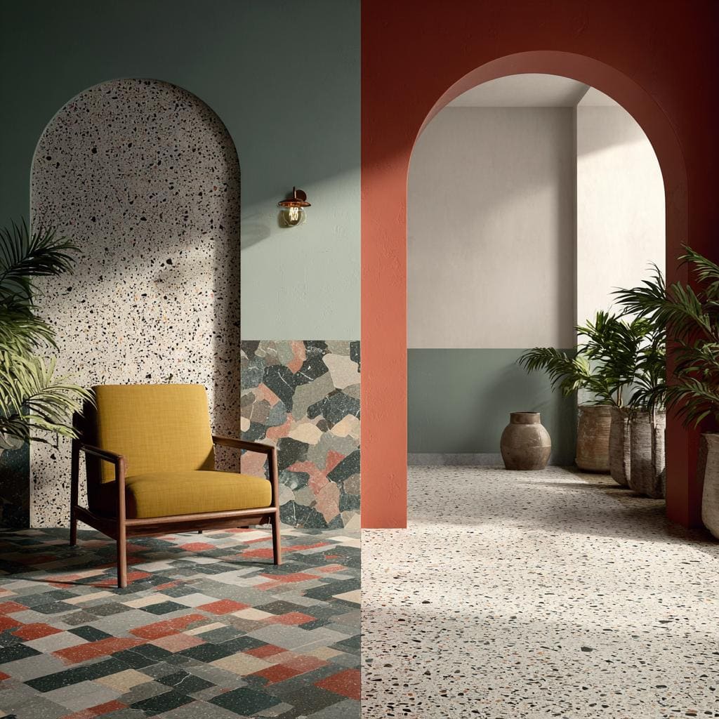  Modern living area with seamless white terrazzo stone flooring providing a clean, minimalist look.