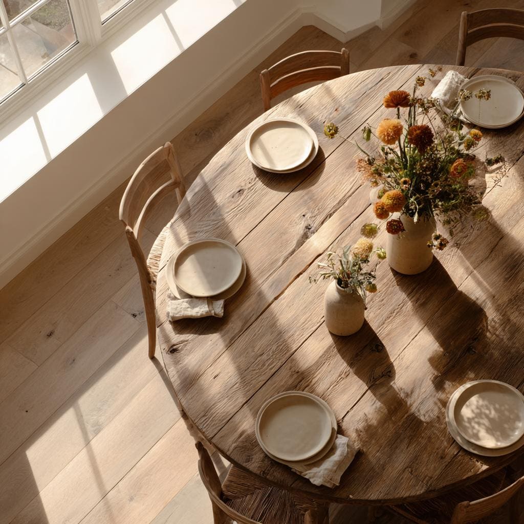 Overhead view of rustic circular glass tables for dining room use with minimalist wooden seating.