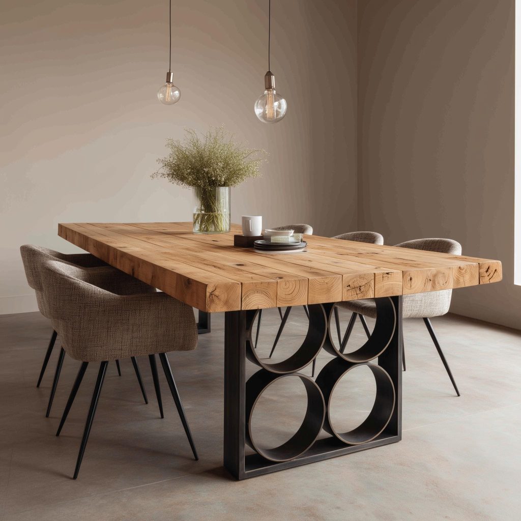  Heavy timber top on a black metal dining table base with circular cutouts and grey upholstered chairs.