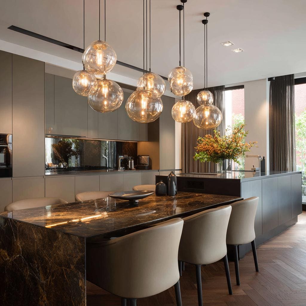 A dark marble wall dining table integrated into a modern kitchen island with globe pendant lights.
