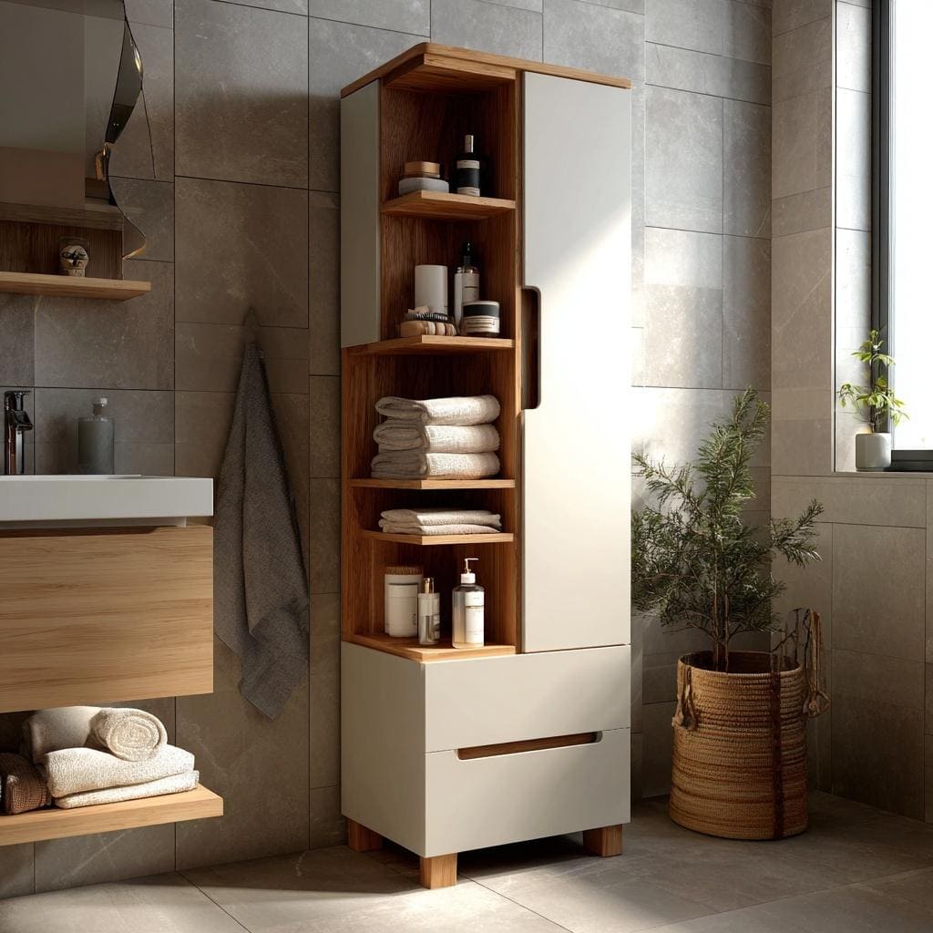 Moisture resistant tall boy cabinet comparing pvc laminate vs sunmica for bathroom environments.