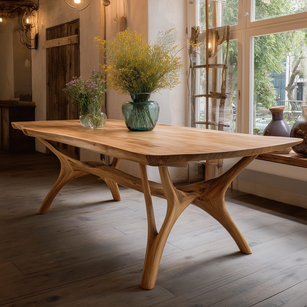 A sculptural space saving dining table made of light wood with tapered legs and floral centerpieces.