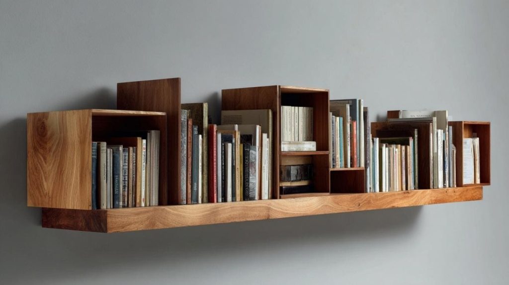 Floating wooden bookshelf display using realistic wood texture laminate sheets for a warm feel.