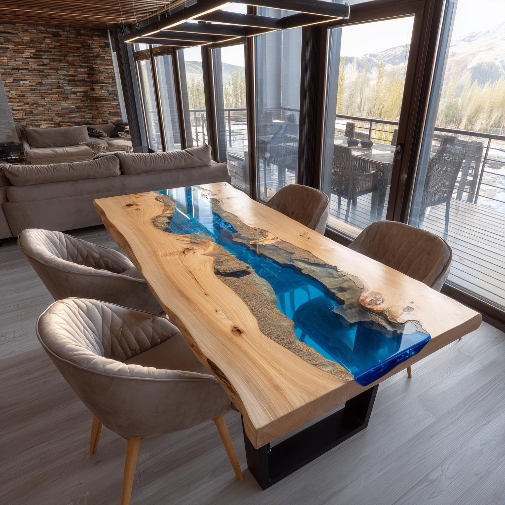 Artistic blue resin river table showcasing creative tips for choosing dining table styles for homes.