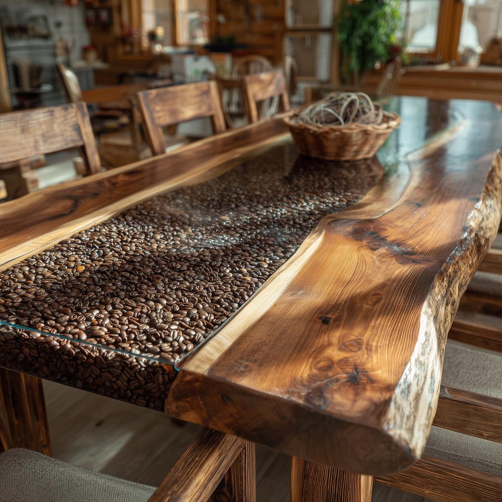 Unique coffee bean resin inlay used in a space saving dining table design for a cozy wooden kitchen.