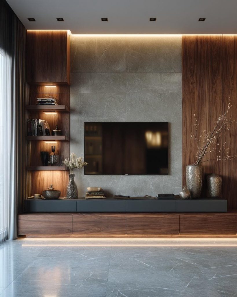 Elegant living room TV unit finished with woodgrain and stone textured decorative laminate sheets.