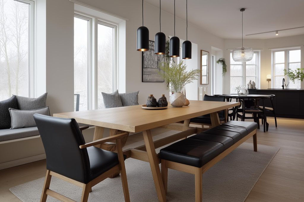 Spacious 6 seat dining table in a light oak finish with black leather bench and chairs.
