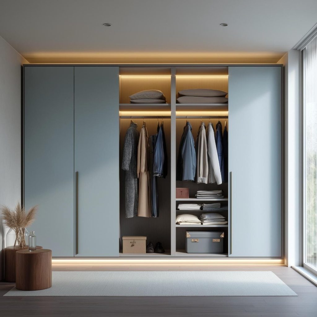 Minimalist light blue bedroom closet featuring a high-quality sunmica sheet for a matte finish.