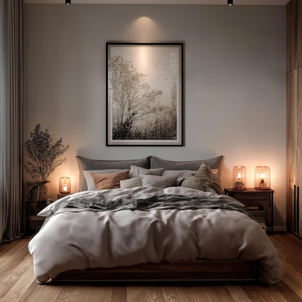 A cozy bedroom remodel featuring warm bedside lamps and a large framed wall art piece.