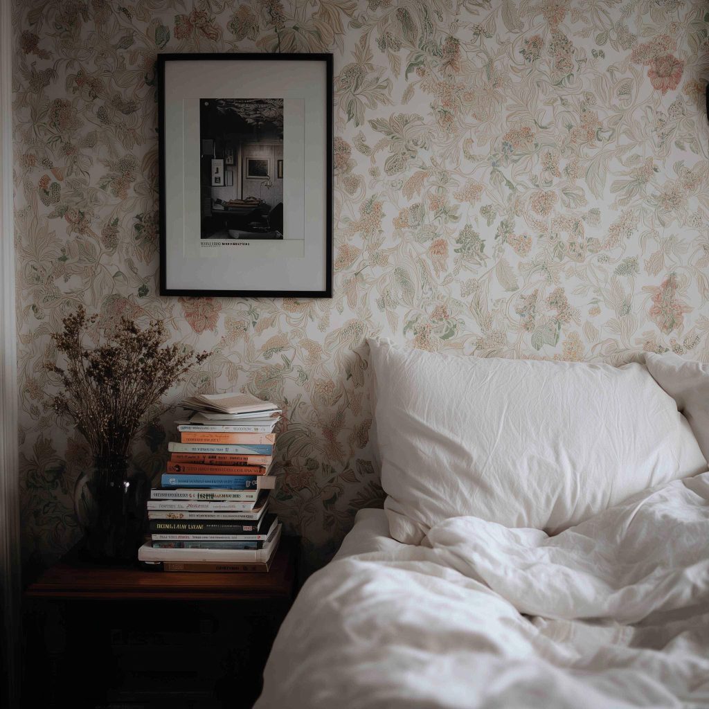 A bedroom renovation checklist item showing floral wallpaper paired with a minimalist bed.