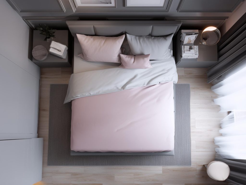Top view of childrens bedroom renovation ideas showing a pink bed and space-saving layout.
