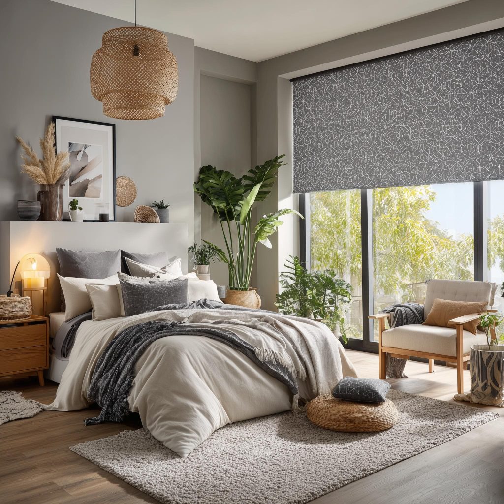 A complete renovate your bedroom project with grey bedding and a textured wicker pendant lamp.