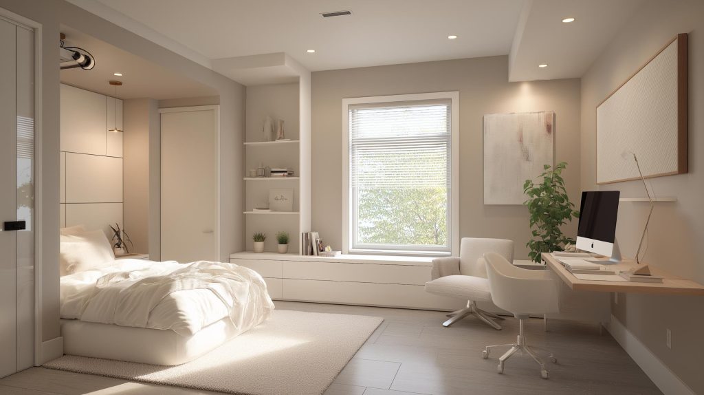 Efficient small bedroom renovation ideas with a floating desk and integrated storage units.