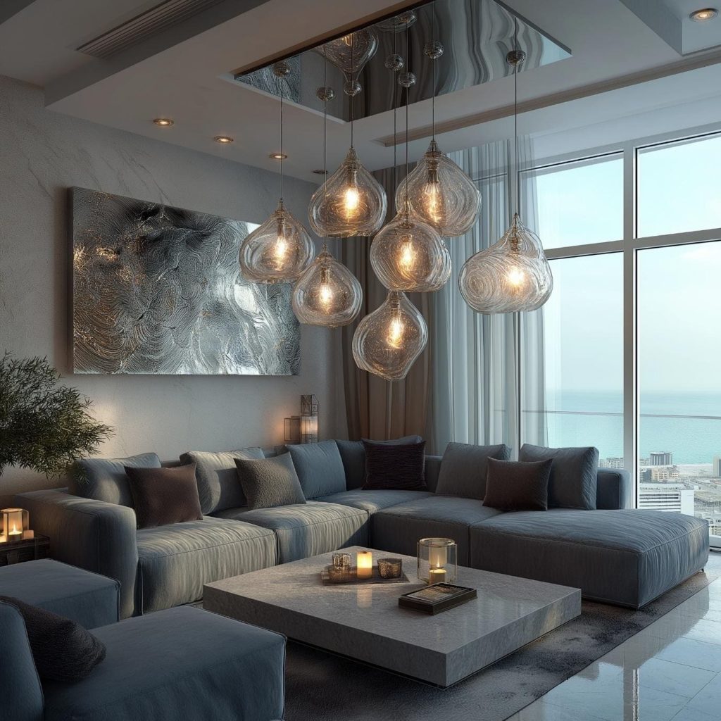 Blown glass globes are the best hanging lights for living room areas with a sea view.