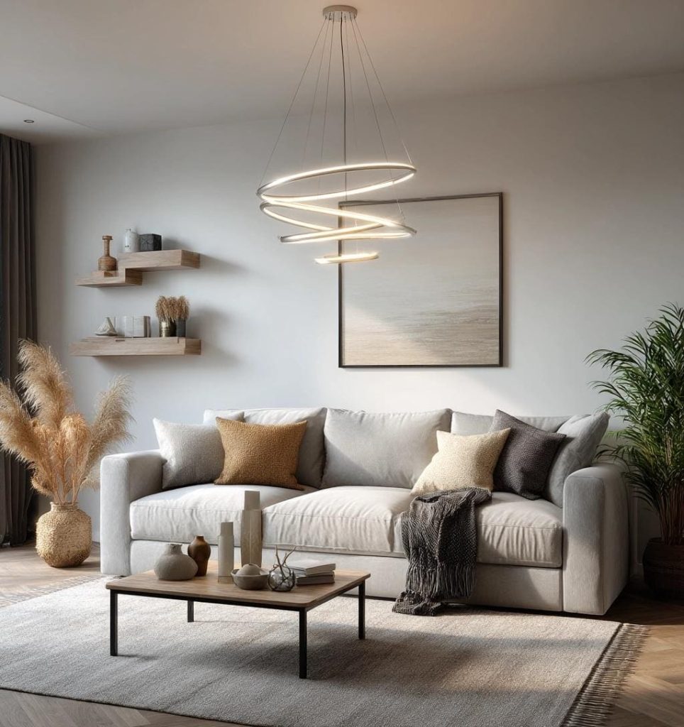 A spiral LED hanging lights for living room corner placement near a grey sofa and rug.