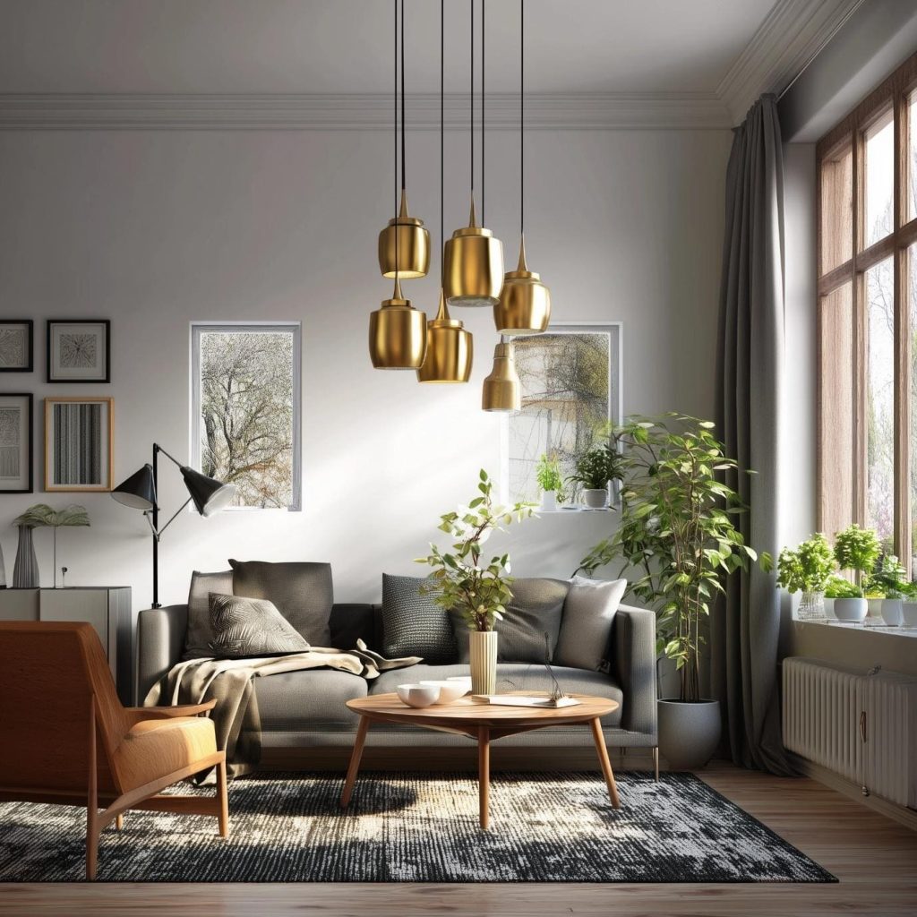A modern cluster of gold hanging lights for a living room with plants.