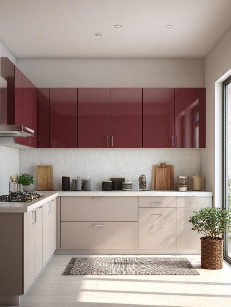 Modern kitchen plywood design with glossy maroon upper units and cream base cabinets.
