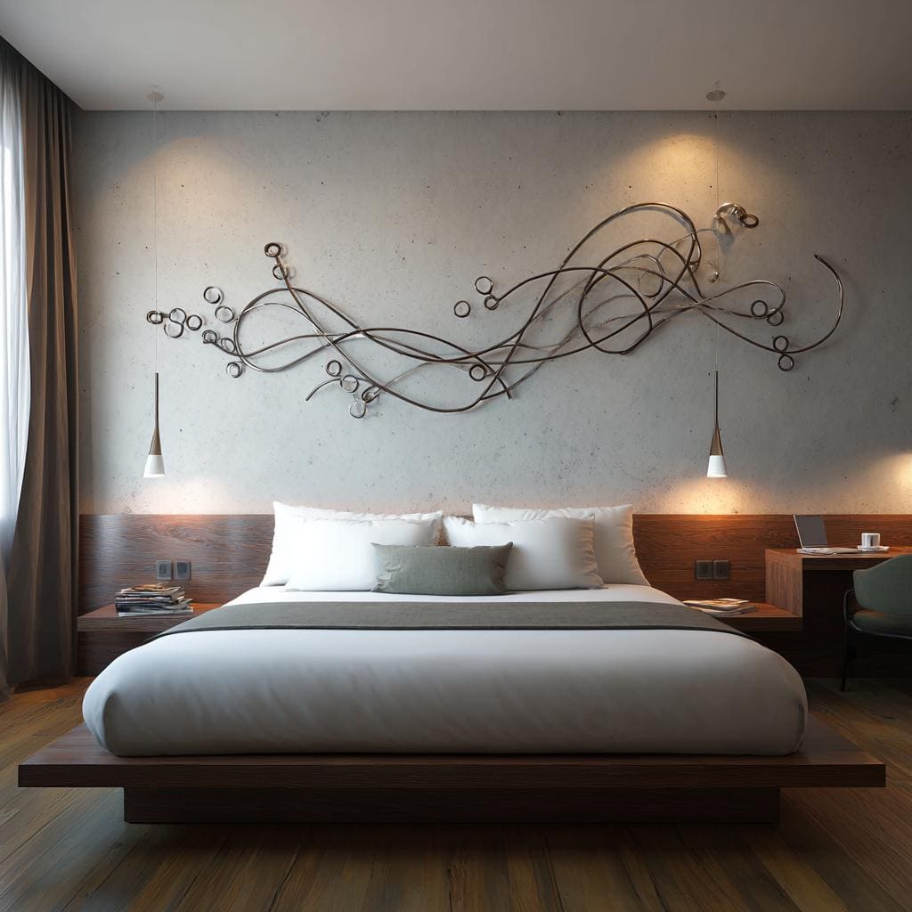 Contemporary pvc wall design for bedroom with abstract sculpture, pendant lights, and wood accents