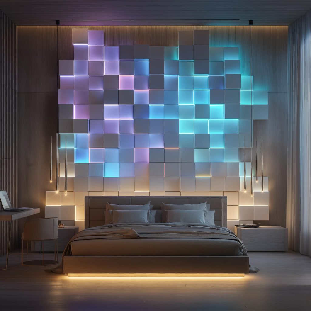 Futuristic bedroom wall tiles design with illuminated panels, gradient lighting, and sleek modern decor