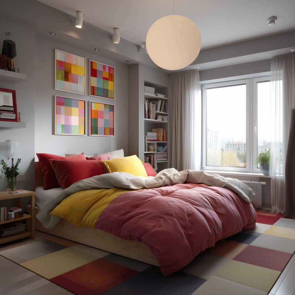 Creative romantic bedroom wall design with colorful artwork, cozy shelves, and vibrant patterned rug