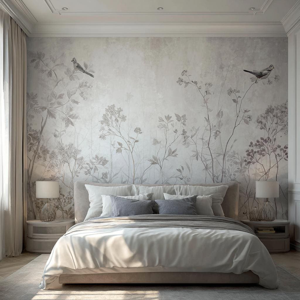  Elegant simple bedroom wall design featuring soft grey botanical stencils and birds behind the bed.