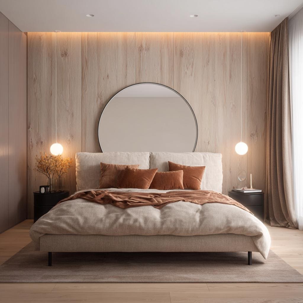 Cozy bedroom wall almirah design with wood paneling, round mirror, pendant lights, and warm tones