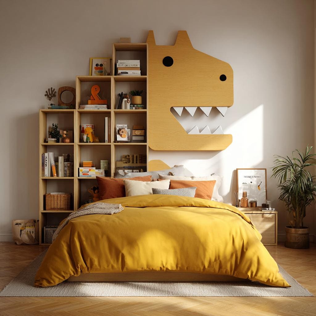 Playful bedroom wall design ideas with dinosaur art, modular shelves, plants, and cozy warm bedding