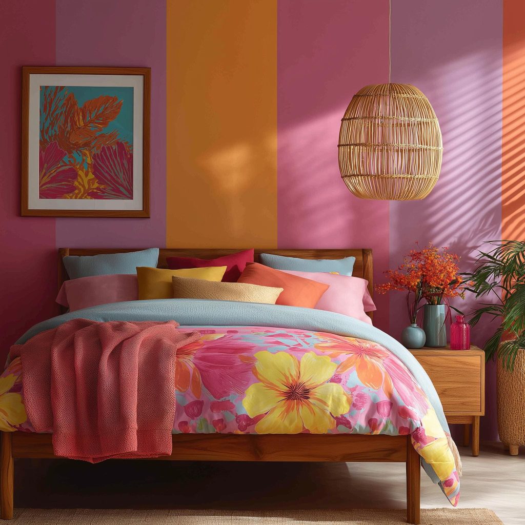 Vibrant latest wall design for bedroom with striped colors, floral bedding, and rattan pendant