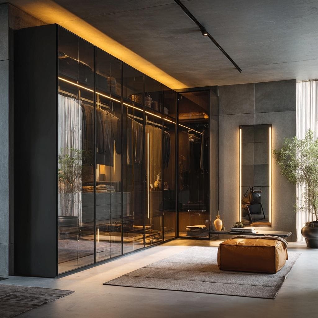 Modern bedroom door designs with glass featuring dark panels and warm lighting for elegant storage