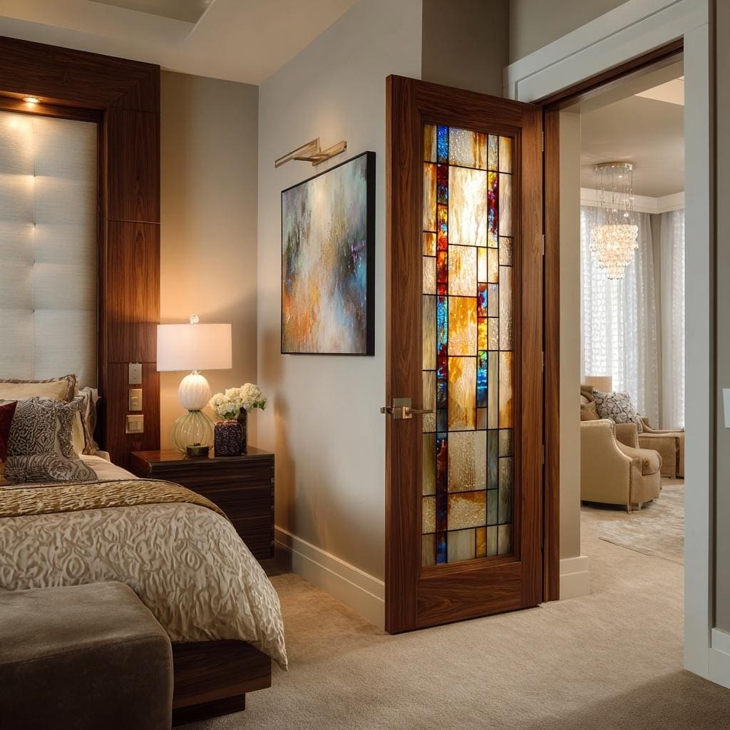 Elegant bedroom door with glass insert featuring wood frame and stained panels adding warmth and style