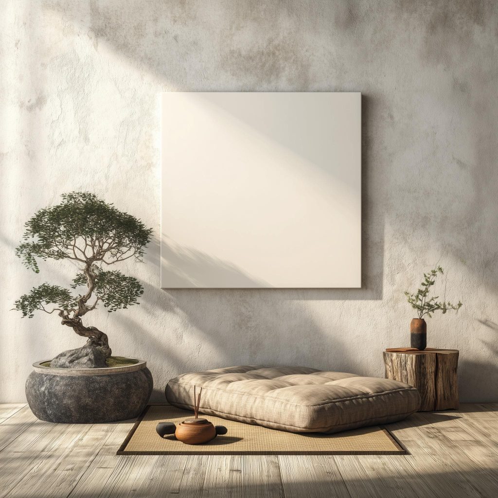 Feng shui decor with minimalist seating, bonsai tree and natural elements for peaceful balanced space
