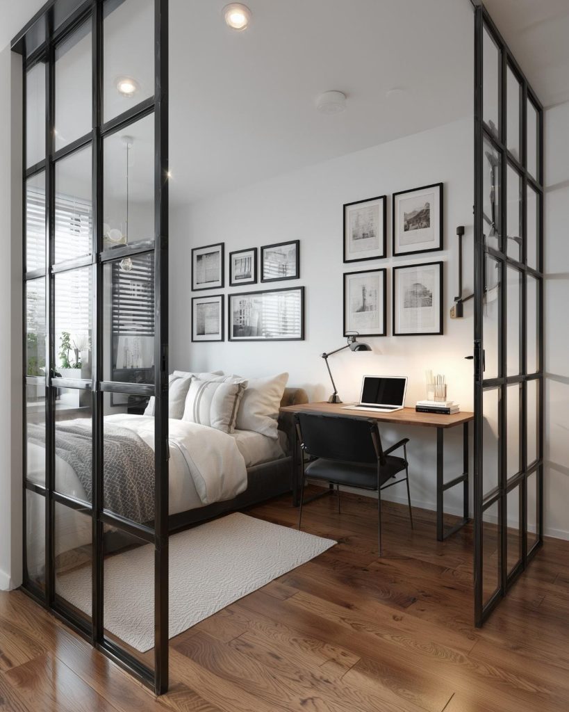 Stylish interior bedroom doors with glass featuring black frames creating modern open and functional space