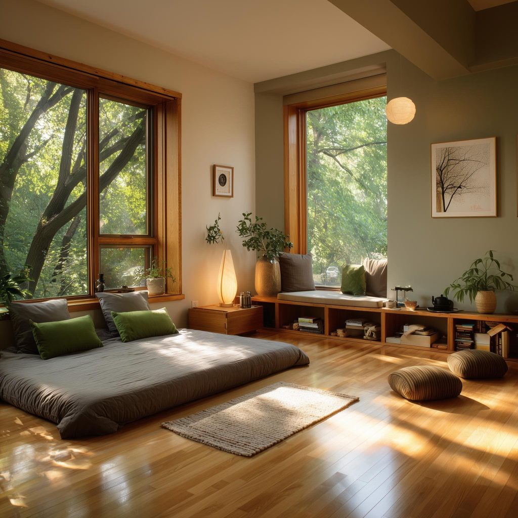 Feng shui bedroom with floor bed, natural light and greenery creating a calm balanced sleeping space