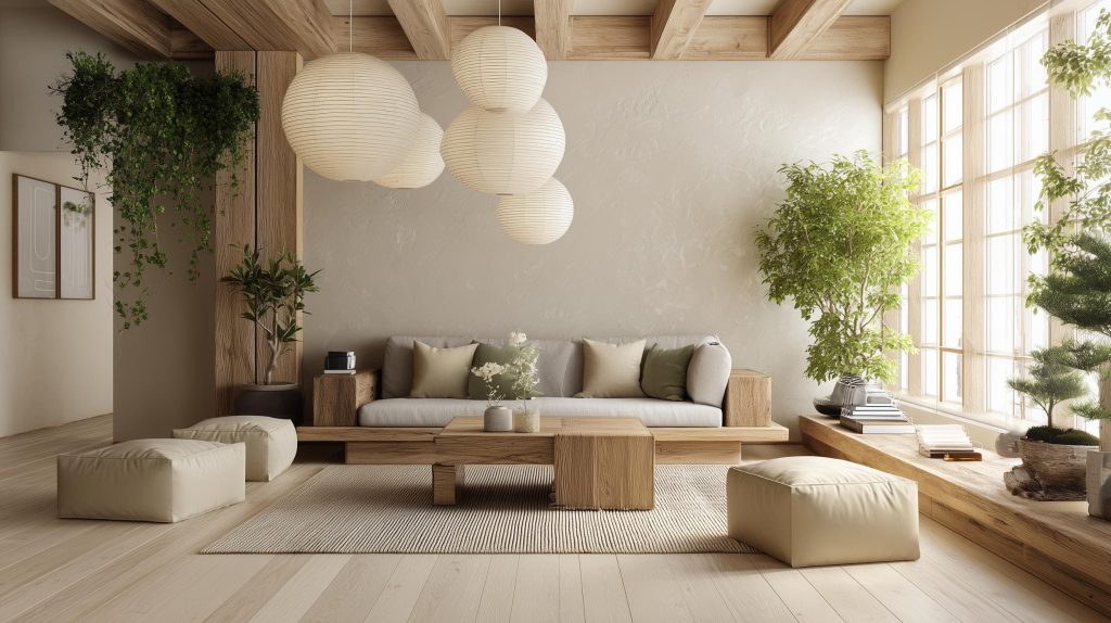 Feng shui living room with wooden elements, soft lighting and plants creating a balanced serene space