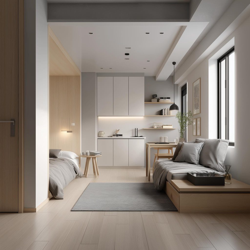  A sunlit modern master bedroom interior design with low-profile bed and fairy light accents.