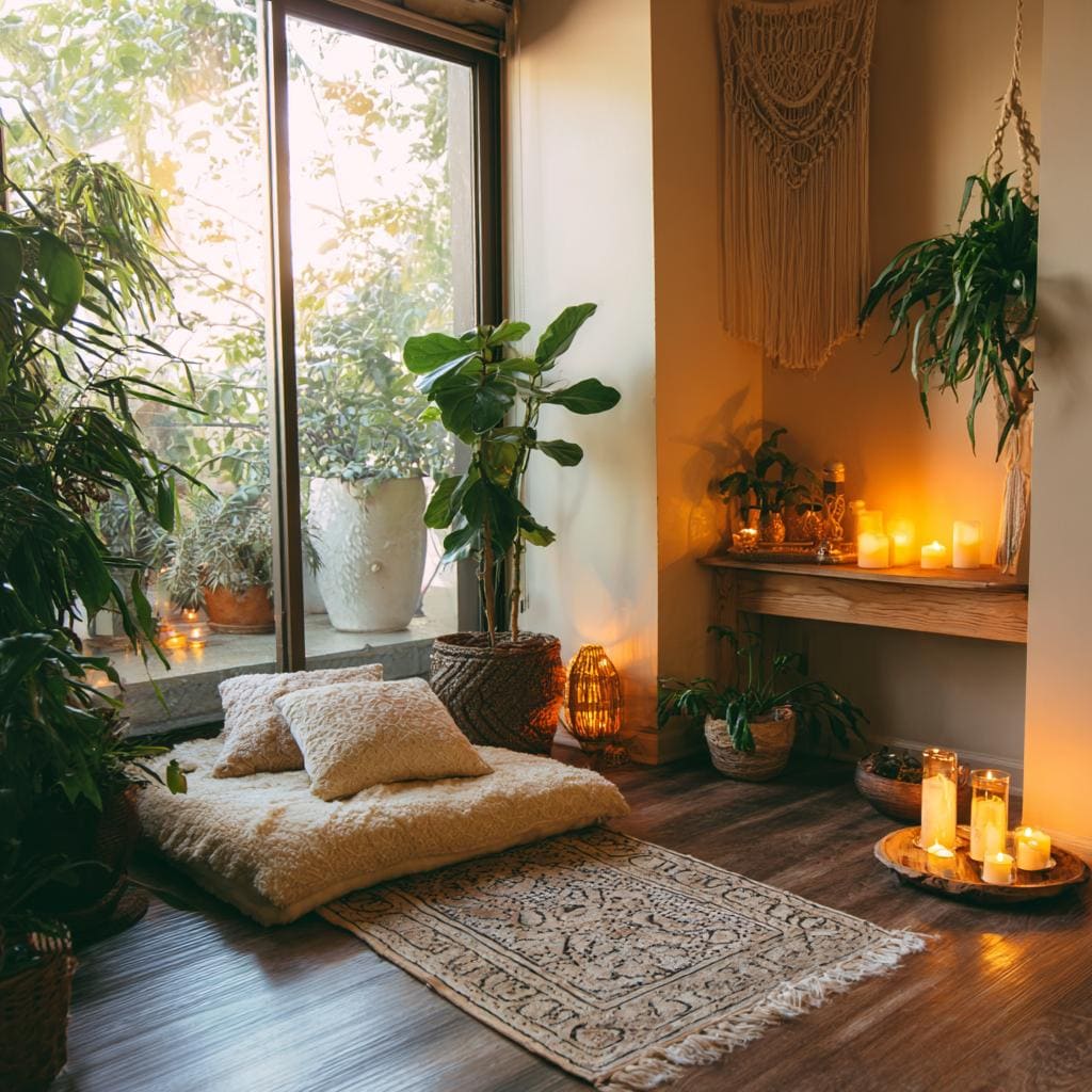Cozy feng shui decor with floor seating, candles and indoor plants creating a warm calming meditation space