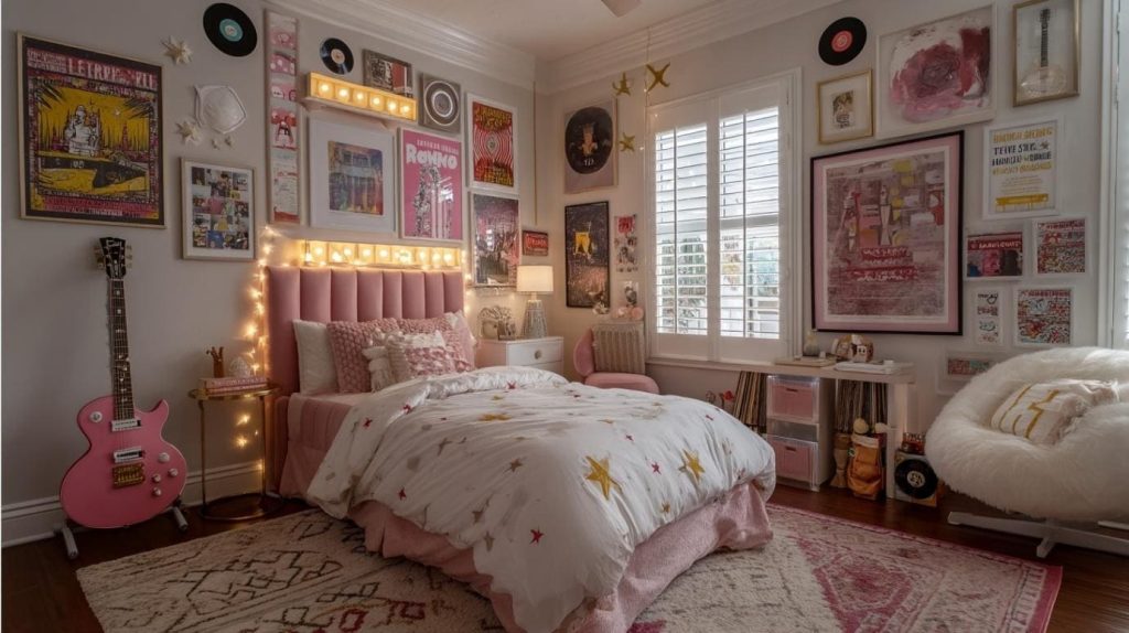  A cozy teenage girls bedroom design with a tufted headboard and warm string lighting.